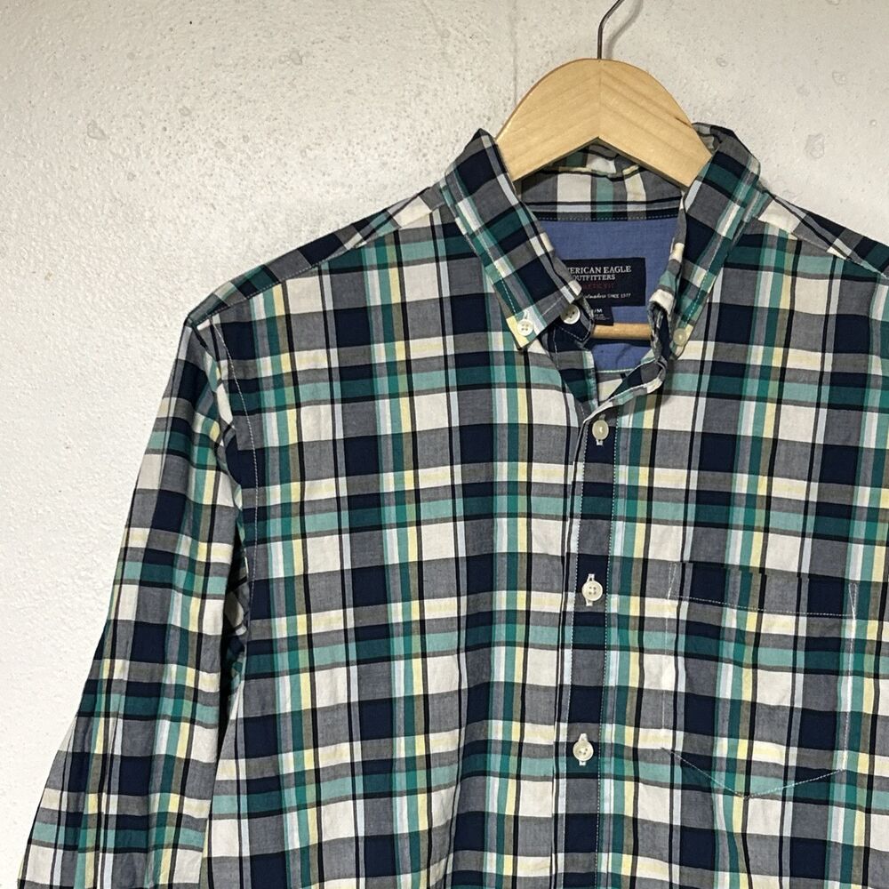 American Eagle Athletic Fit Sz. M Mens Casual Button-Down Shirt Blue/Green - Picture 2 of 14